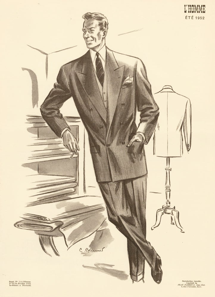 Item nr. 162732 At the tailor, in a pinstripe double-breasted suit for Spring 1952. L'Homme. C. Brenner.