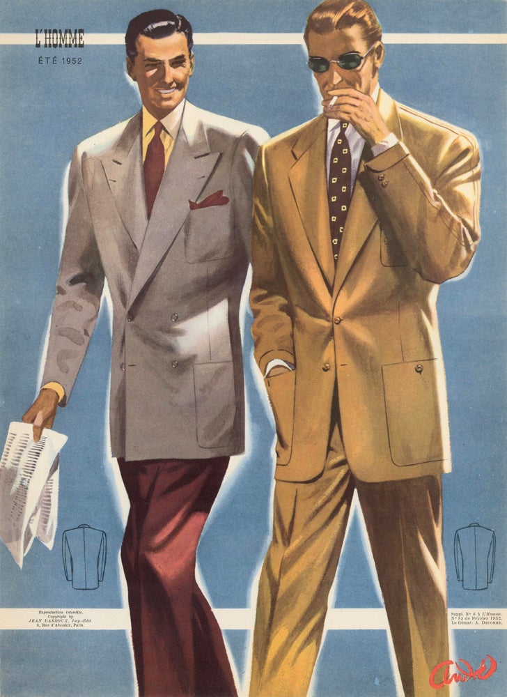 Item nr. 162736 A Miami Afternoon, lightweight linen suits for Spring 1952. L'Homme. Andre.