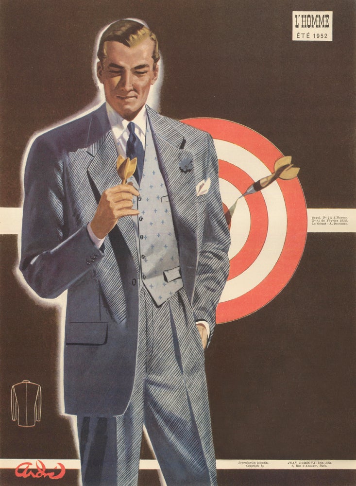 Item nr. 162737 'Dart-fully' composed single-breasted suit in steel blue with an embroidered vest, for Spring 1952. L'Homme. Andre.