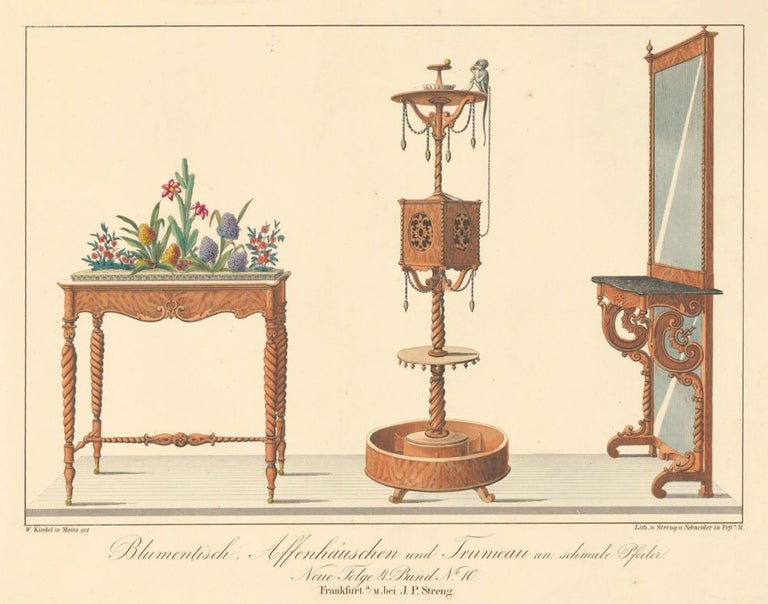 Item nr. 162856 Pl. 10. Flower table, Monkey Stand, and Mirror Table. Journal fur Bau- und Mobelschreiner, Tapezierer. Wilhelm Kimbel.