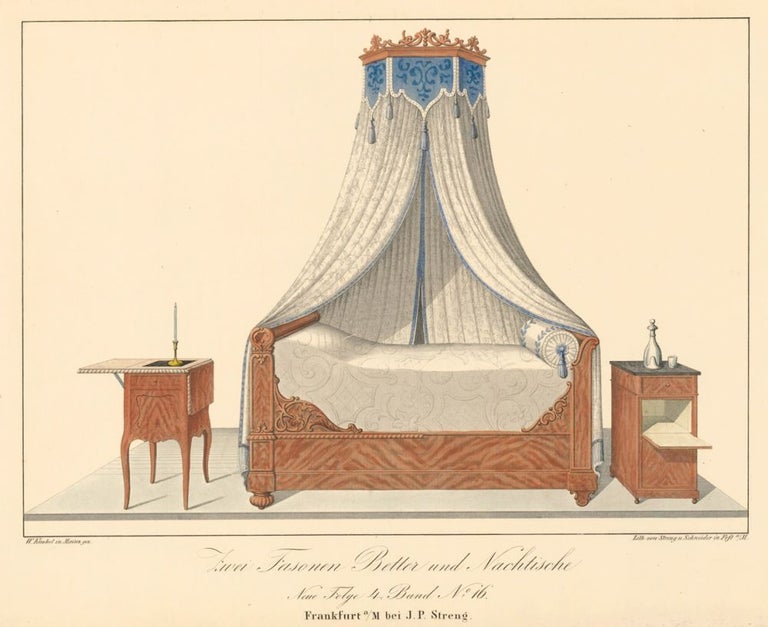 Item nr. 162857 Pl. 16. Blue-and-white Canopy bed. Journal fur Bau- und Mobelschreiner, Tapezierer. Wilhelm Kimbel.
