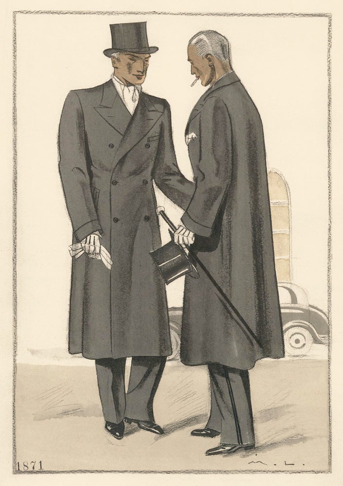Item nr. 163185 Casual conversation in formal attire. Two men wearing double-breasted overcoats and top hats, in charcoal. Societe Philanthropique des Maitres Tailleurs de Paris. Marc-Luc, Societe Philanthropique des Maitres Tailleurs de P.