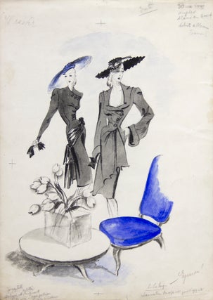 Item nr. 163195 Jacques Fath and Lucien Lelong Fashion Illustration, with a Touch of Blue. Leon...