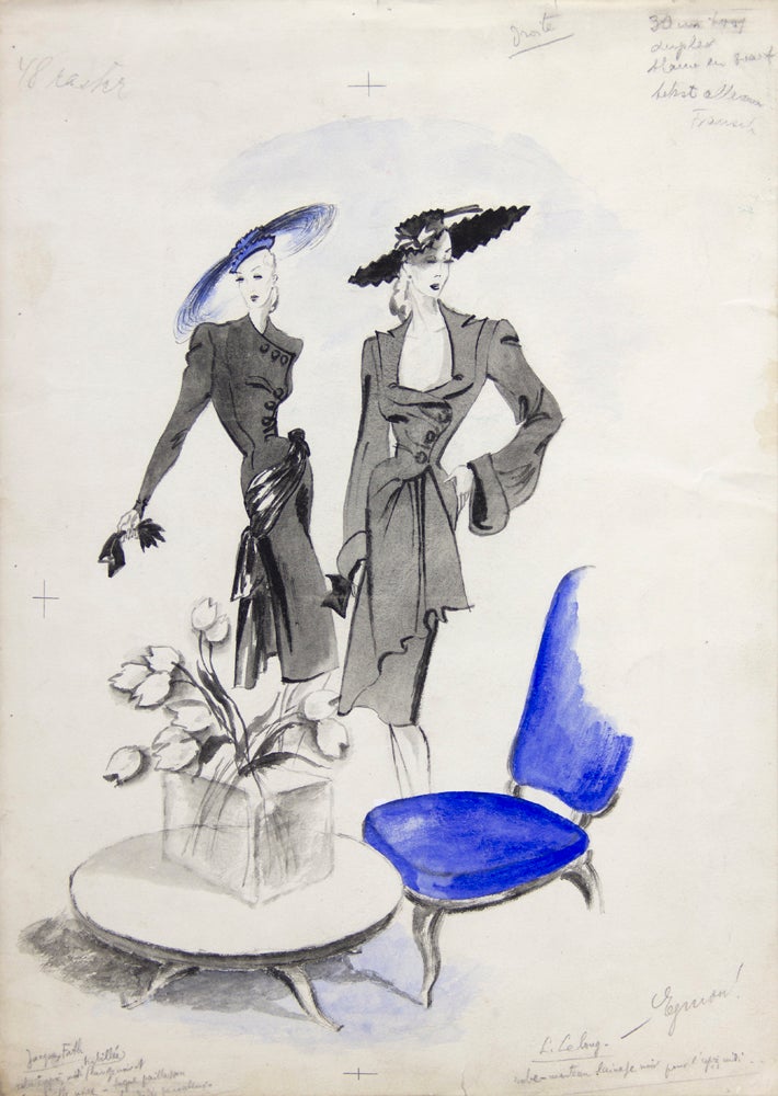 Item nr. 163195 Jacques Fath and Lucien Lelong Fashion Illustration, with a Touch of Blue. Leon Benigni.