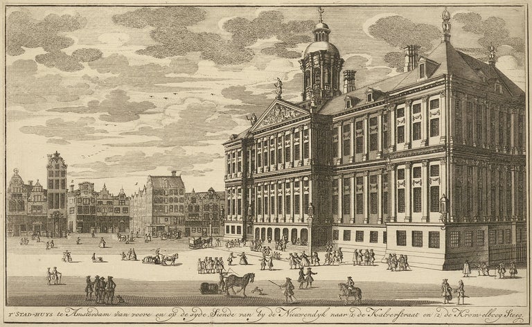 Item nr. 163291 Royal Palace, Amsterdam. t'Stad-Huys te Amsterdam van voore en op de syde, Siende van by de Nieuwendyk naar (1) de Klaverstraat en (2) de Krom-elboog Steeg. Dutch school.