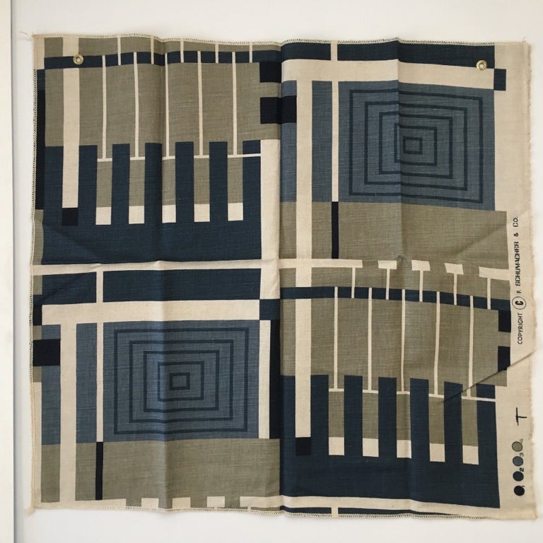 Item nr. 163300 Design No. 102 in Document Blue. Schumacher's Taliesin Line of Decorative Fabrics and Wallpapers Designed by Frank Lloyd Wright. Frank Lloyd Wright, F. Schumacher.