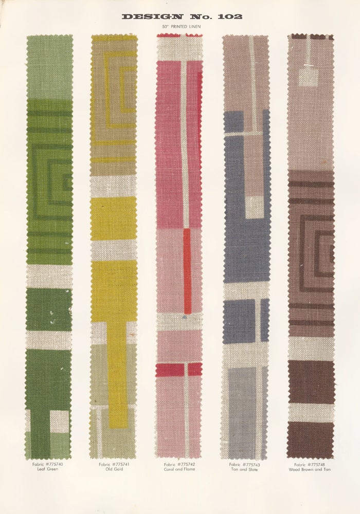 Item nr. 163301 Design No. 102, multicolor. Schumacher's Taliesin Line of Decorative Fabrics and Wallpapers Designed by Frank Lloyd Wright. Frank Lloyd Wright, F. Schumacher.