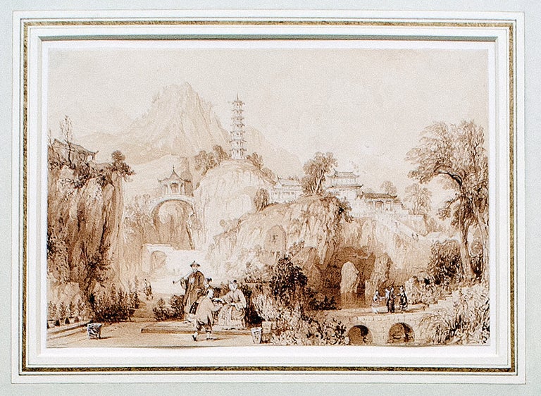 Item nr. 170153 Original Drawing- Pencil and pen with sepia wash and white highlights. The Imperial Travelling Palace at the Hoo-Kew-Shan, or Tiger Mound, Henan Province. Thomas ALLOM.